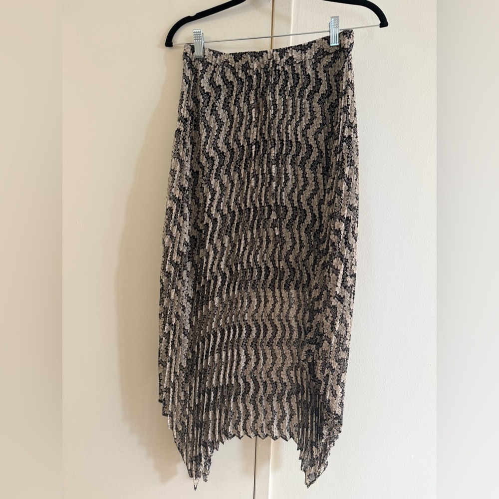 The Kooples Black and Cream Asymmetrical Pleated Midi Skirt